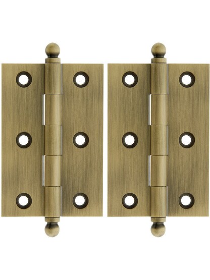 Premium Solid Brass Ball-Tip Cabinet Hinges Pair - 3 inch by 2 inch in Antique Brass.